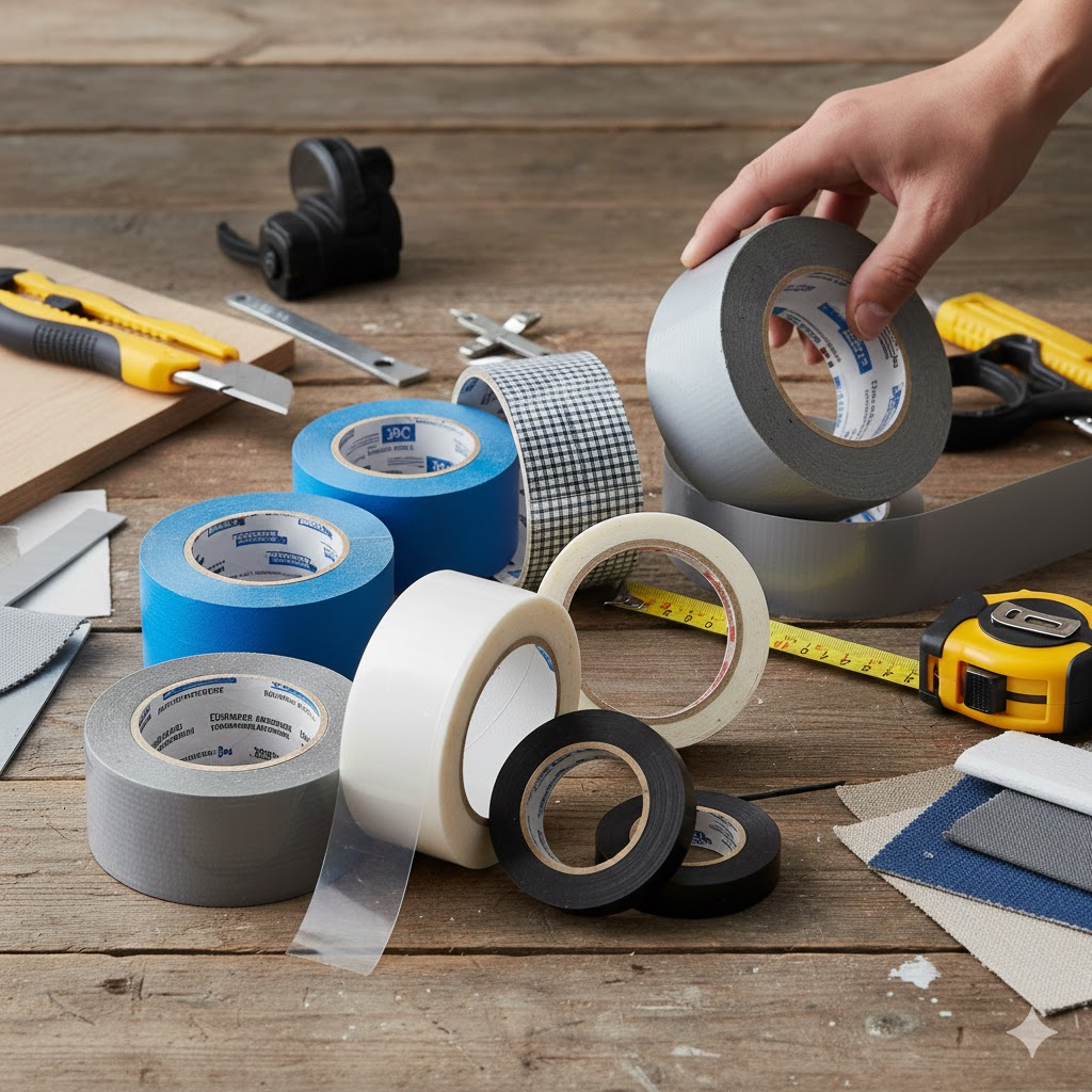A variety of industrial adhesive tapes on rolls.