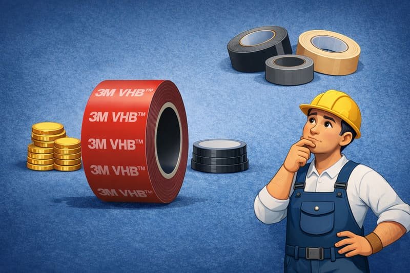 A close-up of high-strength VHB tape being applied.