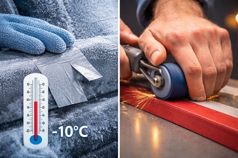 A worker using a roller to apply pressure to an adhesive tape bond.