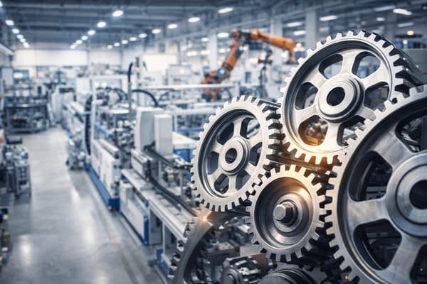 A factory with gears turning, representing in-house manufacturing